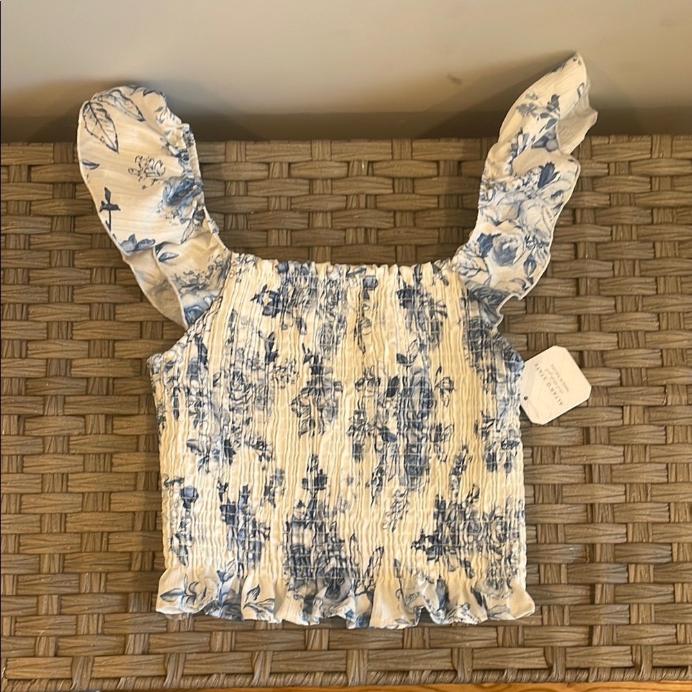 Altar'd State Blue and White Smocked Ruffled Blouse